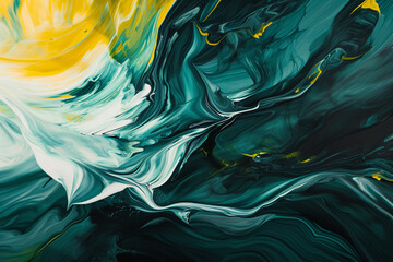 Obraz premium green, yellow, and black abstract swirling wave painting
