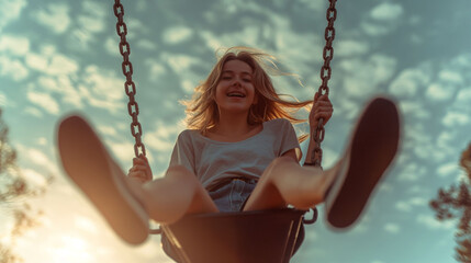 Teenage girl smiling on a swing at sunset.