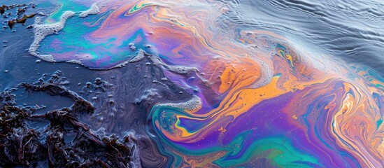 The vibrant hues of an oil spill by a lake.