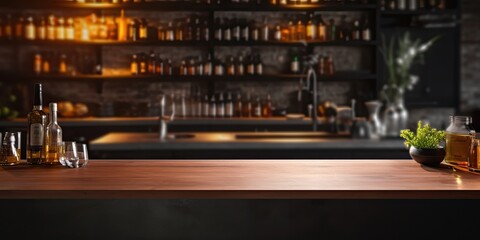 Product display montage with empty table top. Blurred dark kitchen in background. Bar and lifestyle concept.