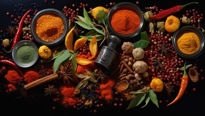 spices Condiments in plates and saucers on the table