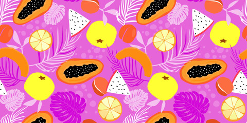 Seamless pattern with tropical exotic fruits, palm leaves, monstera on a bright background. Abstract summer print. Vector graphics.
