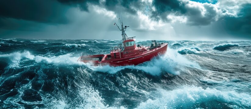 Red lifeboat sailing in cold waves.
