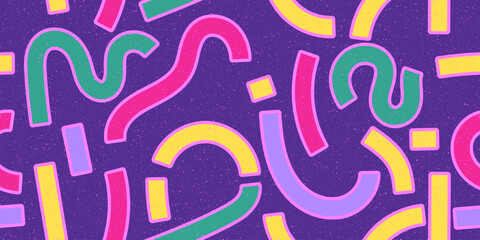 Seamless geometric pattern with lines with bold stroke. Minimalist retro style texture with grainy effect. 90s style geometric collage. Simple vector pattern. Circles, waves, curves.