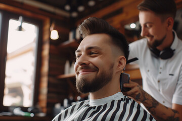 man gets a haircut in a barber shop