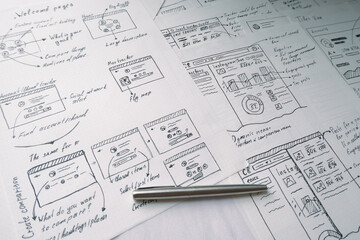User experience design wireframes of IT product. Hand drawn draft projects layout. Sketch of ideas. Complex project, education