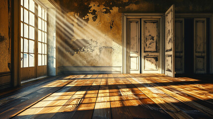 shiny old wooden floor and sliding paper doors. Generative Ai - obrazy, fototapety, plakaty