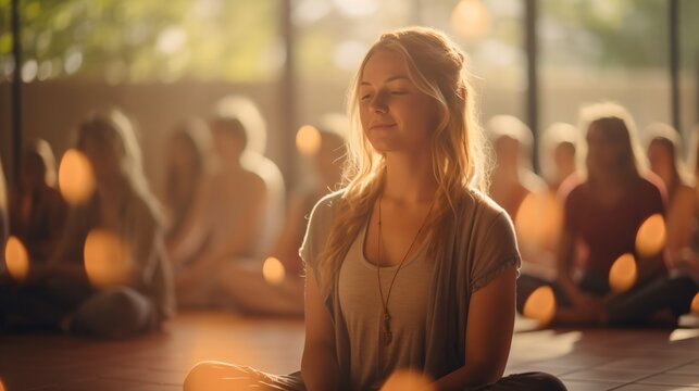 A group of people are sitting in a yoga class with their eyes closed and hands resting on their knees. 