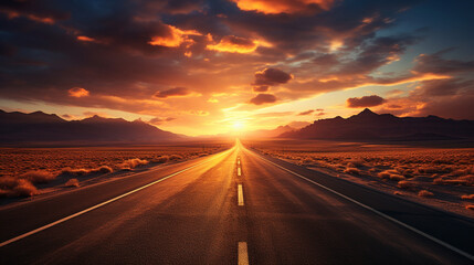 Straight road in desert at sunset , Generate AI - obrazy, fototapety, plakaty