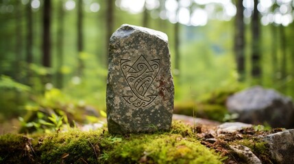 Close up of intricate ancient viking rune stone inscription with weathered patina