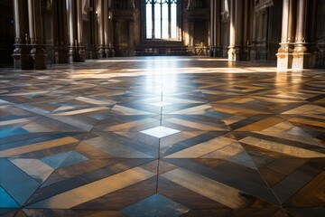 Intricate tile mosaic patterns in medieval cathedral floor with diverse geometric motifs