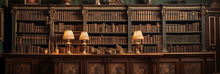 A collection of historical books and manuscripts on a wall in an ancient library