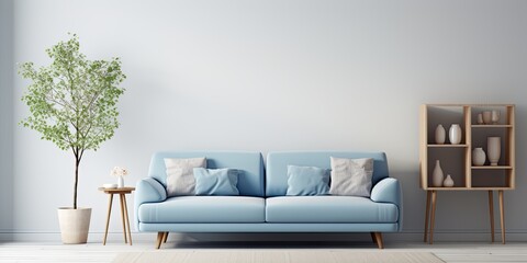 Cozy apartment with blue sofa decorated in simple, white style.