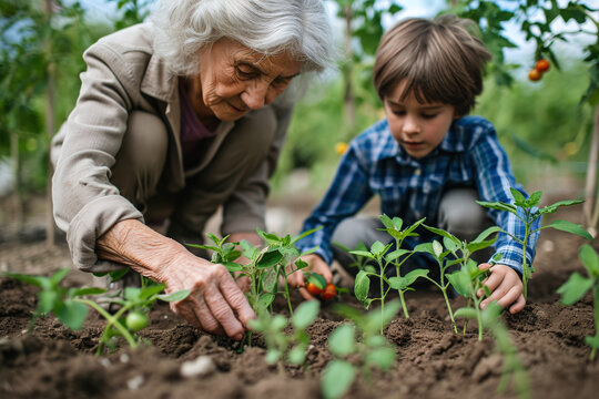 Grandmother and grandson plant tomato seedlings in the garden