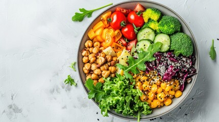 Vibrant salad bowl with fresh vegetables and nuts on a white background, promoting balanced meals