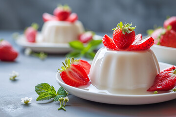 Obraz na płótnie Canvas Yogurt pudding with strawberries, light dessert