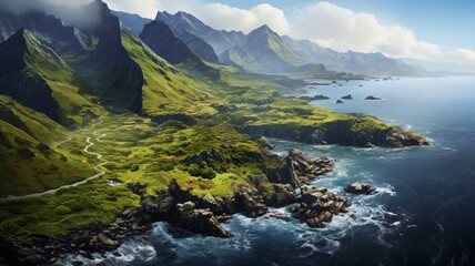 A series of interconnected islets surrounded by towering cliffs, forming a stunning seascape nestled within the embrace of the mountains  -Generative Ai