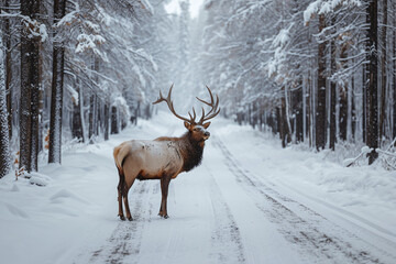 Reindeer stands in the middle of the track in a snowy forest