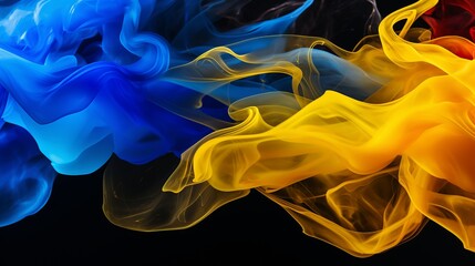 Abstract yellow and blue smoke on black background with swirling steam and ukrainian flag concept