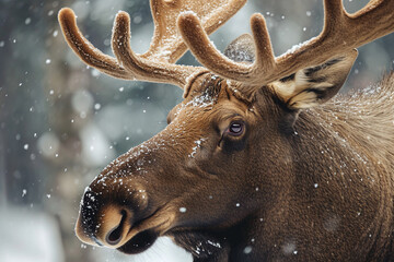 Portrait of a moose head with big horns, in the forest in winter