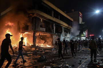 rioters in a street with fires burning on the ground