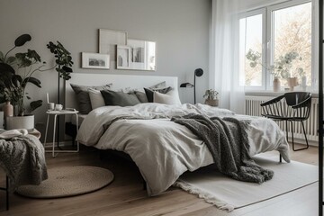 Modern Nordic bedroom ambiance. Generative AI