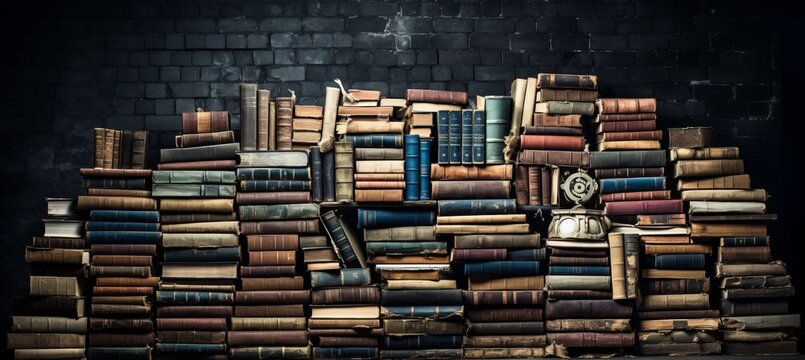 A collection of old ancient books and manuscripts in a historic library wall