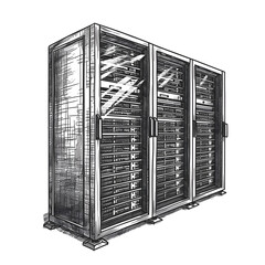 Network server racks in a data center isolated on white background, sketch, png
