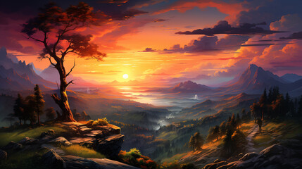 Sunset in the mountains. Dramatic colorful sky with blue hills , Generate AI