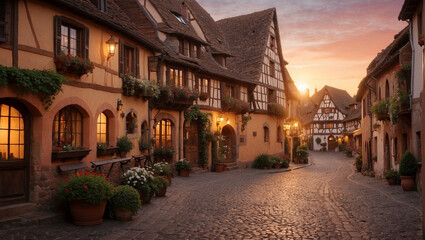 Sunset on the Streets of French Medieval Town of Eguisheim Inspiration for Walt Disney Beauty and the Beast Alsace Fairytale
