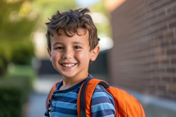 Boy student with backpack smiling for back to school
