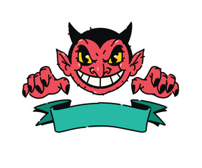 Illustration of a cute red demon. Vector. Devil, Lucifer is a cartoon not a children's character. Hero mascot for comics. Picture for T-shirt design. Place for text on the ribbon.