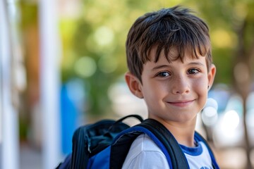 Boy student with backpack smiling for back to school