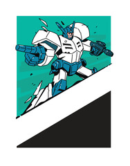Illustration of a transforming robot with a weapon. Vector. The robot cyborg is a cartoon, not a children's character. Comic book hero. Picture for T-shirt design. Place for text.