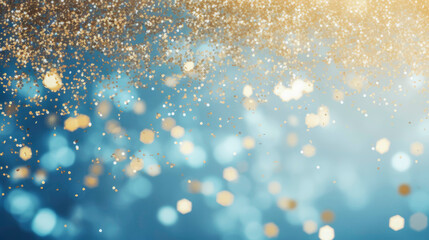 Festive gradient blue background with bright golden particles, round glowing flying confetti and bokeh. Illustration for greeting card, carnival, holiday, celebration. Copy space. - obrazy, fototapety, plakaty