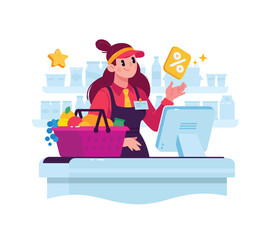 Illustration of a cashier saleswoman girl in a supermarket. Vector. A character in a store behind the cash register sells goods. Hero mascot for a catalog or corporate style. Discounts on goods. Shopp