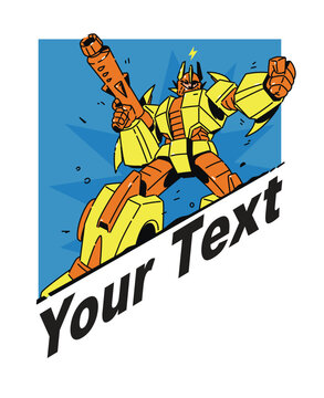 Illustration of a transforming robot with a weapon. Vector. The robot cyborg is a cartoon, not a children's character. Comic book hero. Picture for T-shirt design. Place for text.