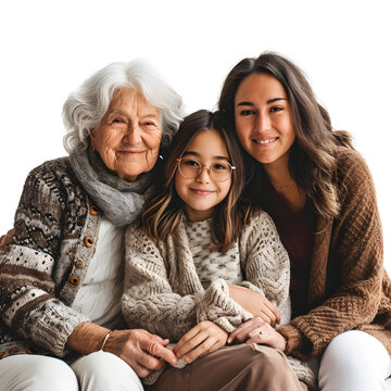 Three generations holding each other isolated on white background, cinematic, png
