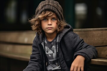 Outdoor portrait of cute little boy sitting on a bench in the city