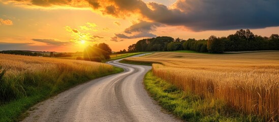 A sunset road winding through wheat and rye fields. - obrazy, fototapety, plakaty