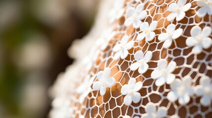 Close up of intricate lace embroidery showcasing delicate needlework and beautiful floral patterns