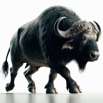 African buffalo, Cape buffalo, Syncerus caffer. Isolated on White. Bufalo del Cabo, bufalo cafre.