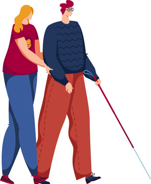 Young woman assists elderly blind man with cane. Guiding visually impaired senior, care and support. Compassion and elderly assistance vector illustration.