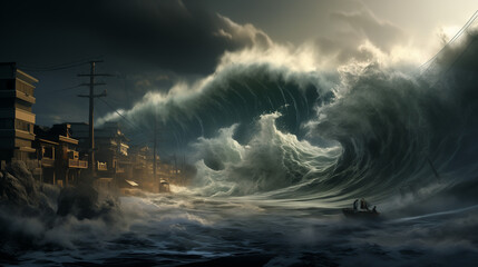 Immense tsunami wave in the ocean - obrazy, fototapety, plakaty
