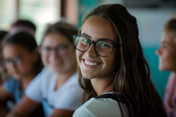 smiling woman in classroom among school pupils - obrazy, fototapety, plakaty