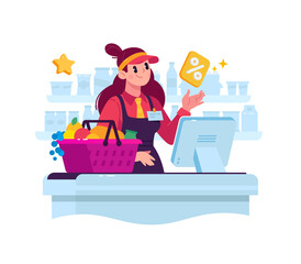 Illustration of a cashier saleswoman girl in a supermarket. A character in a store behind the cash register sells goods. Hero mascot for a catalog. Discounts on goods. Shopping cart with groceries.