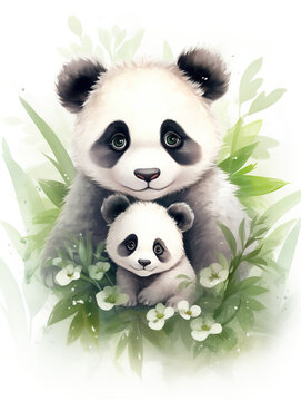 cute nursery room pandas , mother and baby pandas portraits , love bonding