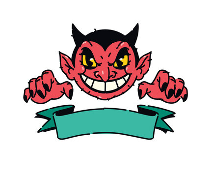 Illustration of a cute red demon. Vector. Devil, Lucifer is a cartoon not a children's character. Hero mascot for comics. Picture for T-shirt design. Place for text on the ribbon.