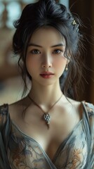 Chinese woman portrait, black hair. gentle smile. elegant