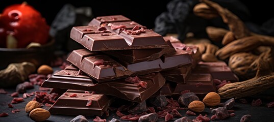 Scattered dark chocolate pieces and whole cocoa beans on culinary background with shallow depth
